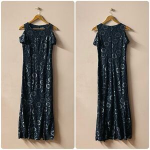 Enfocus Studio Navy Lacey Floral Metallic Cold-Shoulder Maxi Dress Size 4 GUC